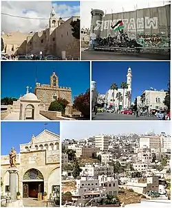 From top, left to right: Church of the Nativity, Graffiti on the Israeli West Bank barrier, Chapel of the Milk Grotto, Mosque of Omar  in Manger Square, Church of St. Catherine and skyline of the city