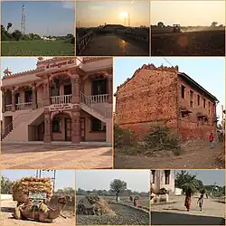 Clockwise from topː Moti Talav, Morning View, Farm View, Swaminarayan Temple, Building at Rabari Vas and different areas