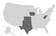 The Big 12 as it existed from 2012 to 2023, after the departures of Texas A&M and Missouri and the additions of TCU and West Virginia