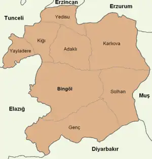 Map showing Kığı District in Bingöl Province