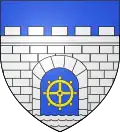 The arms of La Courneuve, France, with a millwheel in the door opening