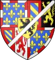 Arms of Antoine of Burgundy: arms of Bourgogne under Philip III, brisé by a cotice en barre argent.