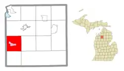 Location within Kalkaska County (red) and the administered community of S. Boardman (pink)