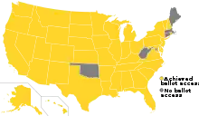 A map of the United States with all states colored yellow except Oklahoma, West Virginia, Connecticut, Massachusetts, Maine and Washington D.C.