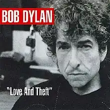 A greyscale photograph of Dylan's face with the text "BOB DYLAN" at the top left