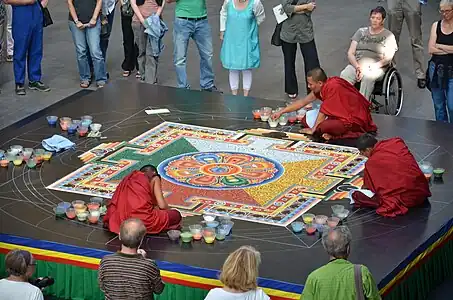 Tibetan Cakrasaṃvara sand mandala with Mount Meru in the centre.