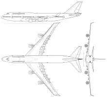 Three-view diagram of the Boeing 747-400