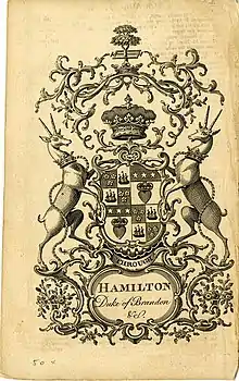 Bookplate showing an early Coat of Arms for the Duke of Hamilton and Brandon