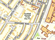 A map showing the Bootham Crescent association football ground and its surroundings