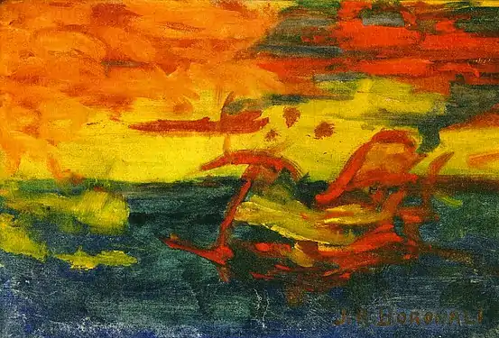 Et le soleil s'endormit sur l'Adriatique [fr] (Sunset Over the Adriatic), 54 × 81 cm, painting partially made by donkey (Lolo) assisted by Roland Dorgelès.