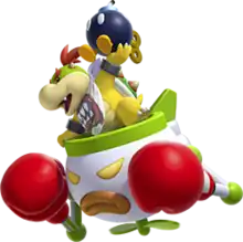 Bowser Jr. holding a Bob-omb inside a Junior Clown Car