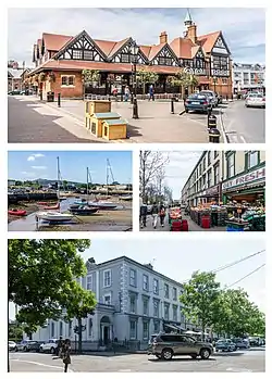 Clockwise from top: the Tudor Revival style Bray Town Hall; businesses on Goldsmith Terrace; period terraced homes on Quinsborough Road; boats in Bray Harbour