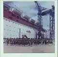 Shalom after flotation, red primer color on accommodations, shifted from shipyards to special dedication with Paula Ben-Gurion, wife of David Ben Gurion, prime minister of Israel