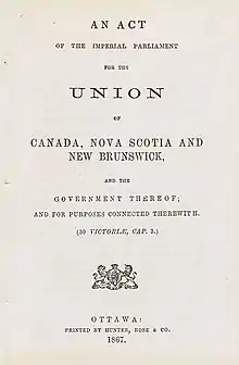 Cover page of the British North America Act, 1867, as enacted by the Imperial Parliament