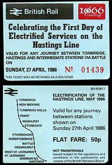 Photograph showing both sides of the souvenir ticket from the first day of electric train operation, 27 April 1986.