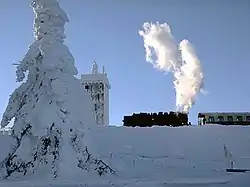 Top of the Brocken with the Brockenbahn, which starts in Wernigerode