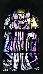 Saint Bruno of Würzburg in a stained glass window from the parish church of Liesing.