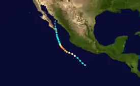 Map plotting the track and the intensity of the storm, according to the Saffir–Simpson scale