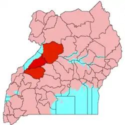 Location of Bunyoro (red)in Uganda (pink)