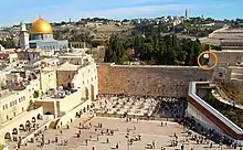 The Buraq Mosque located (circled in orange) beside the Western Wall (also known as Buraq Wall)