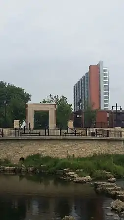 East facing view of the memorial dedicated to the Burnham City Hospital that once stood where the Burnham 310 building is now located.