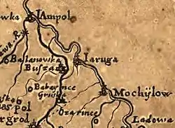 Busha (Busza) on Beauplan's map from 1648. South is up, north is down, the river is Dniester.