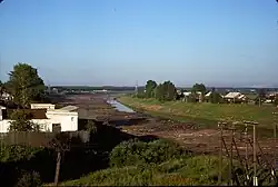 Floating logs on Kostroma River, town of Buy