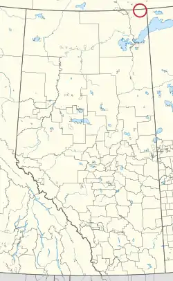 A map of the province of Alberta showing 80 counties and 145 small Indian reserves. One is highlighted with a red circle.