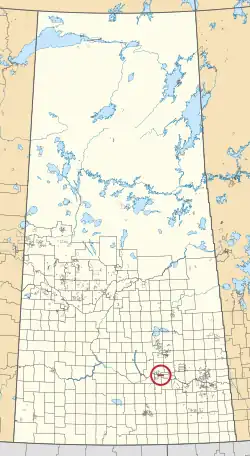 A map of the province of Saskatchewan showing 297 rural municipalities and hundreds of small Indian reserves. One is highlighted with a red circle.