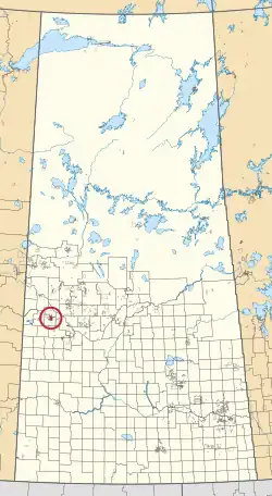 A map of the province of Saskatchewan showing 297 rural municipalities and hundreds of small Indian reserves. One is highlighted with a red circle.