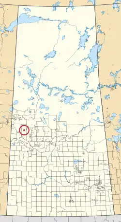 A map of the province of Saskatchewan showing 297 rural municipalities and hundreds of small Indian reserves. One is highlighted with a red circle.