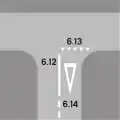 6.13 Waiting line (white, small triangles in a row with spikes towards the arriving vehicle) & 6.14 Announcement of waiting line (white, large triangle, optional) & 6.12 Longitudinal strip (white, solid, optional)Must give way; is always printed on roads at entries to motorways and expressways, and is usually announced by 6.14 on main roads and important minor roads; always accompanied by 3.02, and can be combined with traffic lights; irrelevant while traffic lights are working (not flashing or turned off); waiting lines are yellow, if exclusively addressed to bicycles and mopeds (e.g. on bicycle paths and lanes)