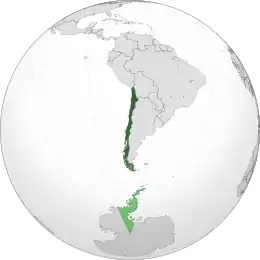 Chilean territory in dark green; claimed but uncontrolled territory in light green