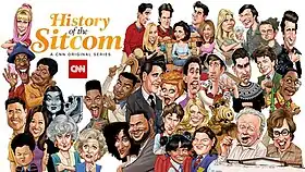 The poster of the series with cartoon version of characters from famous sitcoms, drawn by artist Mort Drucker.