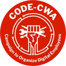 A red logo that looks like a circuit board, with a solidarity fist inside, holding a pen, brush and wrench