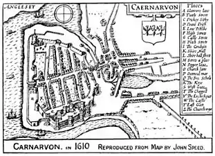 Plan of Caernarfon, Wales from 1610, showing the castral town established in Wales to "illustrate in a more symbolic than strategic fashion English power."