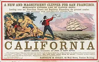 a print advertisement, showing a mining camp and a sailing ship