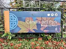 Signage at the Camilla Bell Park in Bridgend, Perth