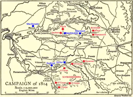 Black and yellow map of the Campaign of 1814 in 1:2,000,000 scale with troop positions added