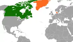 Map indicating locations of Canada and Denmark