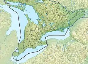 Map of Southern Ontario with a dot at the location of the mouth of Potter Creek