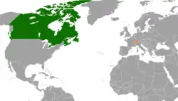 Map indicating locations of Canada and Switzerland