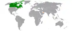 Map indicating locations of Canada and United Arab Emirates