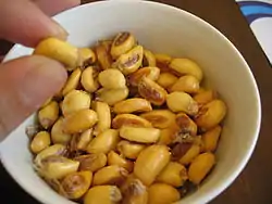 Corn nuts, known as cancha in Peru, are a fried corn snack.