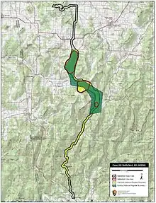 A modern map of the battlefield. The area highlighted runs generally north to south, with the central portion highlighted as being listed on the National Register of Historic Places