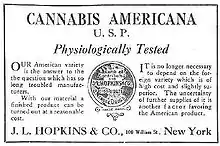 An advertisement for cannabis americana distributed by a pharmacist in New York in 1917