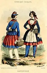 Colour lithograph entitled "Canteen Girls". Two white canteen women are standing in front of an empty background, looking at each other. One is from behind, holding a basket of provisions and a small barrel. She is wearing a blue and red kepi, a blue suit, a blue and red skirt and a white stocking. The second, from the front, is similar to the first, except that she is wearing a hat, has no basket and her trousers are white and red.