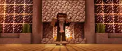 A still frame from Maron's Minecraft animated music video "Revenge". It shows his in-game avatar singing and dancing to the song.