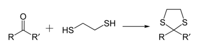 Protecting a carbonyl group by converting it to a 1,3-dithiolane, using ethane-1,2-dithiol