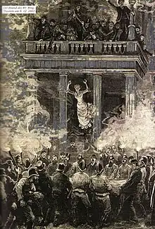 black and white drawing. Woman in a white dress jumping off the second floor into a fire-net. There are many people on the balcony and firefighters in black uniforms surround the net.